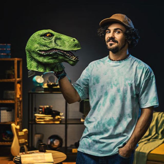 a man with  dinosaur head 